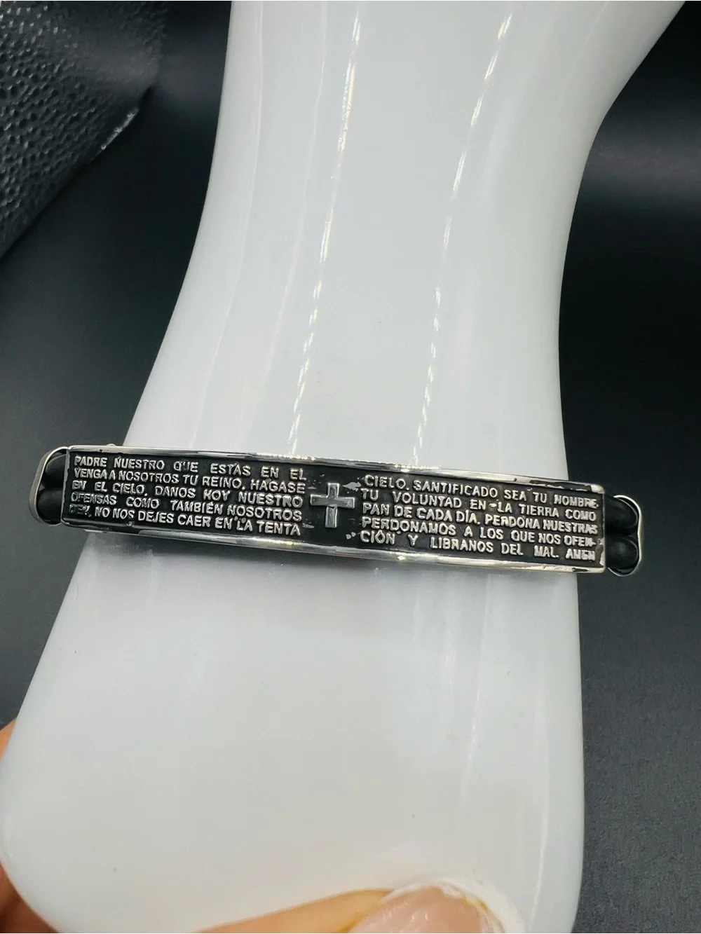 Men's Stealing Silver and rubber Religious Prayer Bracelet - Spanish Lord's Pray